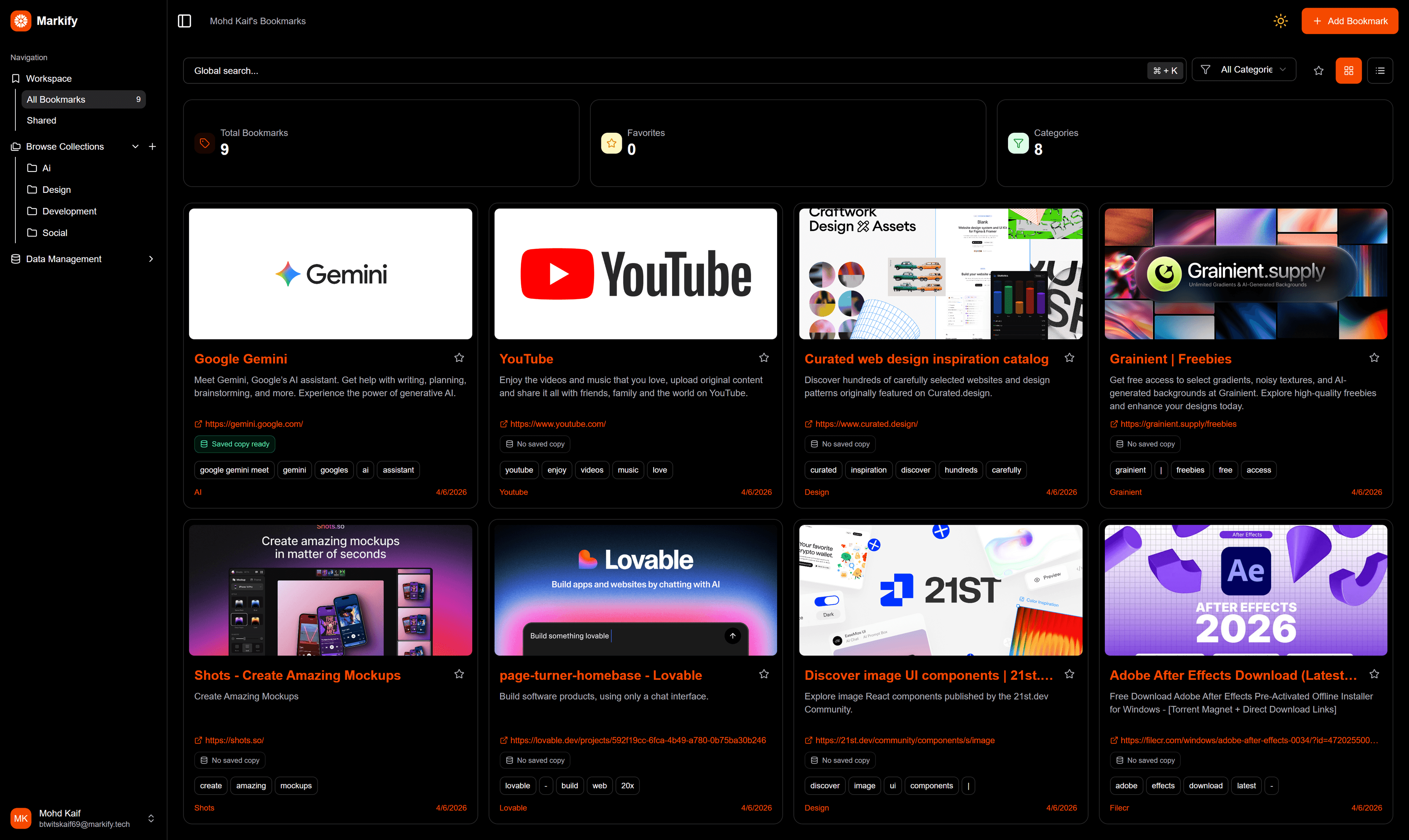 Markify dashboard preview showing bookmark management interface